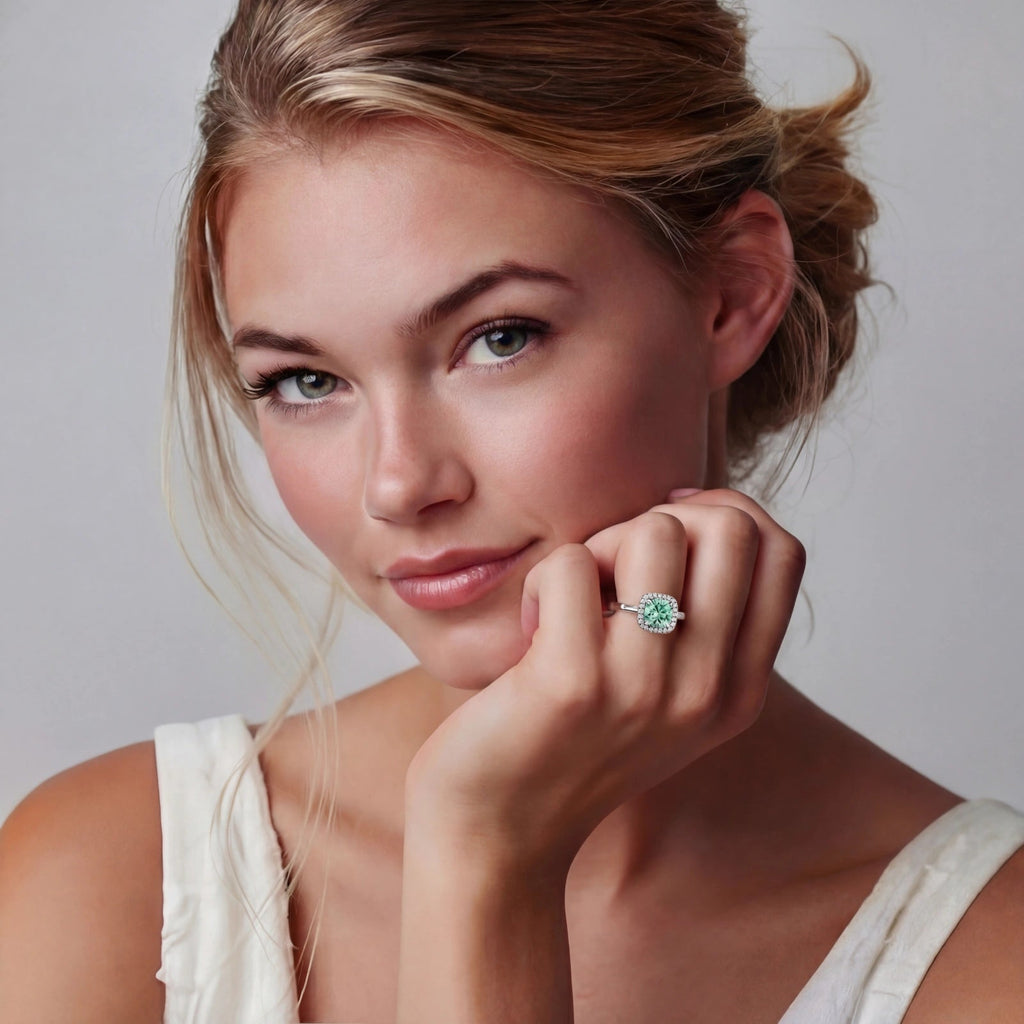 Anointed Garments Emerald Glow Halo Ring featuring a round green moissanite on a platinum-plated sterling silver band.
