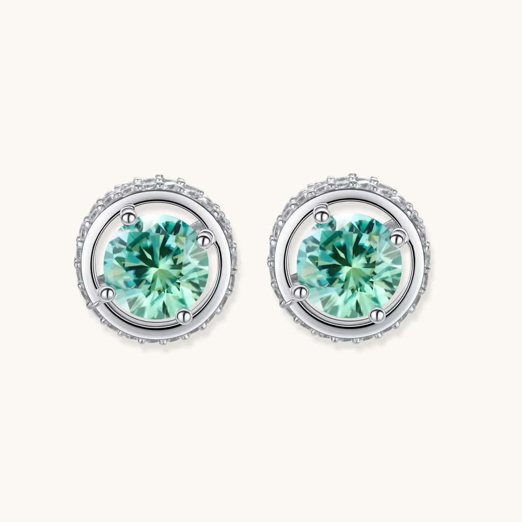 Anointed Garments Emerald Spark Halo Studs featuring round green moissanite in platinum-plated 925 sterling silver.