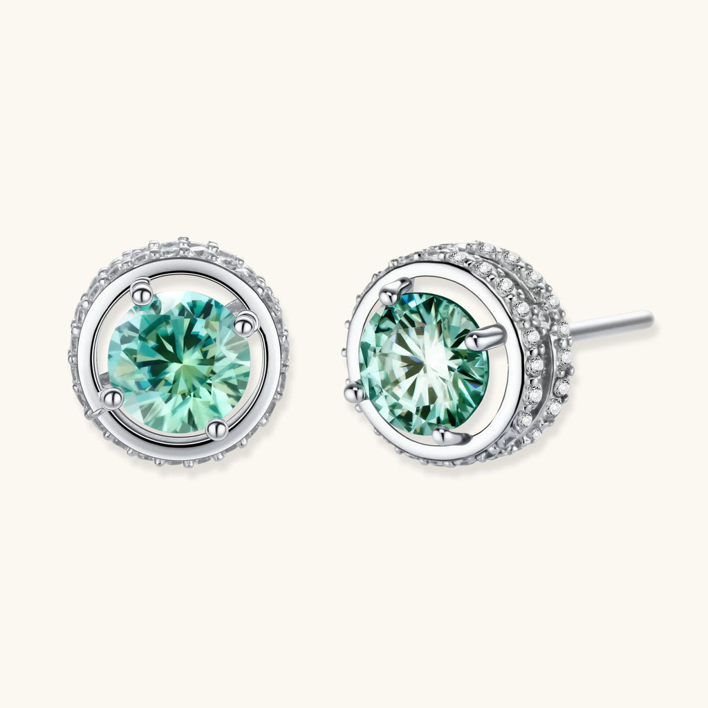 Anointed Garments Emerald Spark Halo Studs featuring round green moissanite in platinum-plated 925 sterling silver.