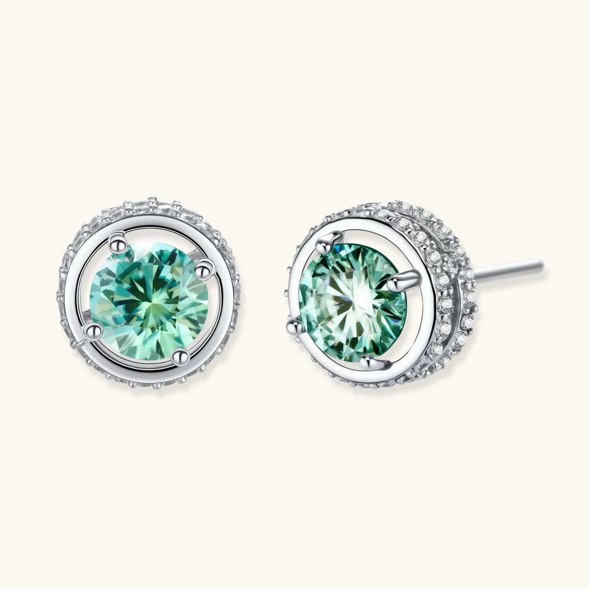 Anointed Garments Emerald Spark Halo Studs featuring round green moissanite in platinum-plated 925 sterling silver.