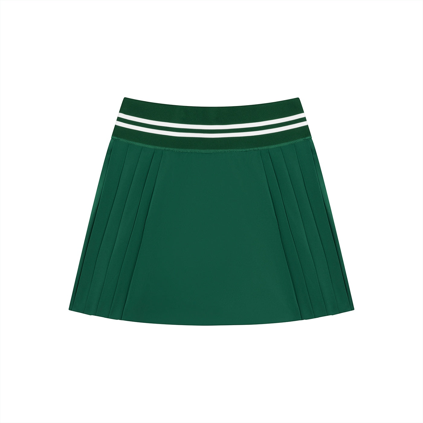 Anointed Garments dark green pleated mini skirt with a white striped elastic waistband for sports and casual wear.