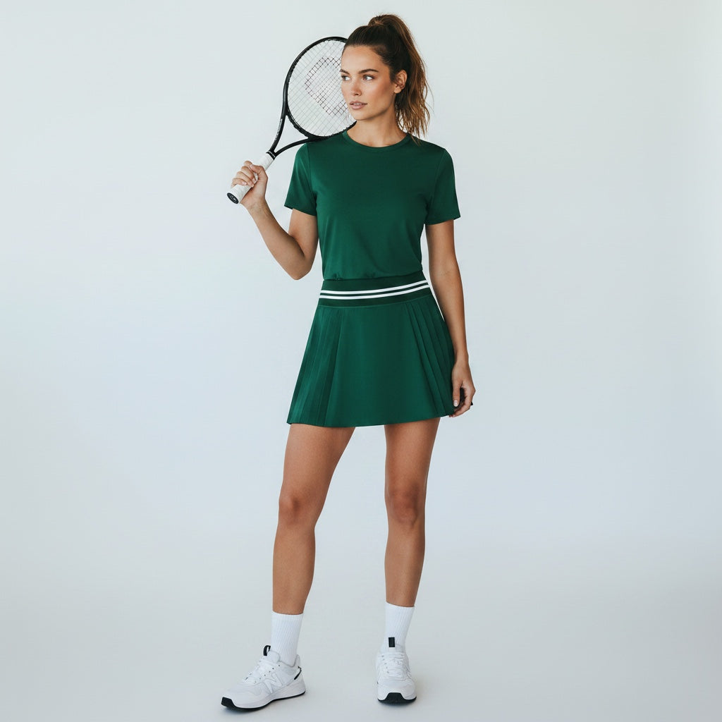 Anointed Garments forest green pleated performance skirt with a striped elastic waistband worn by a female tennis player