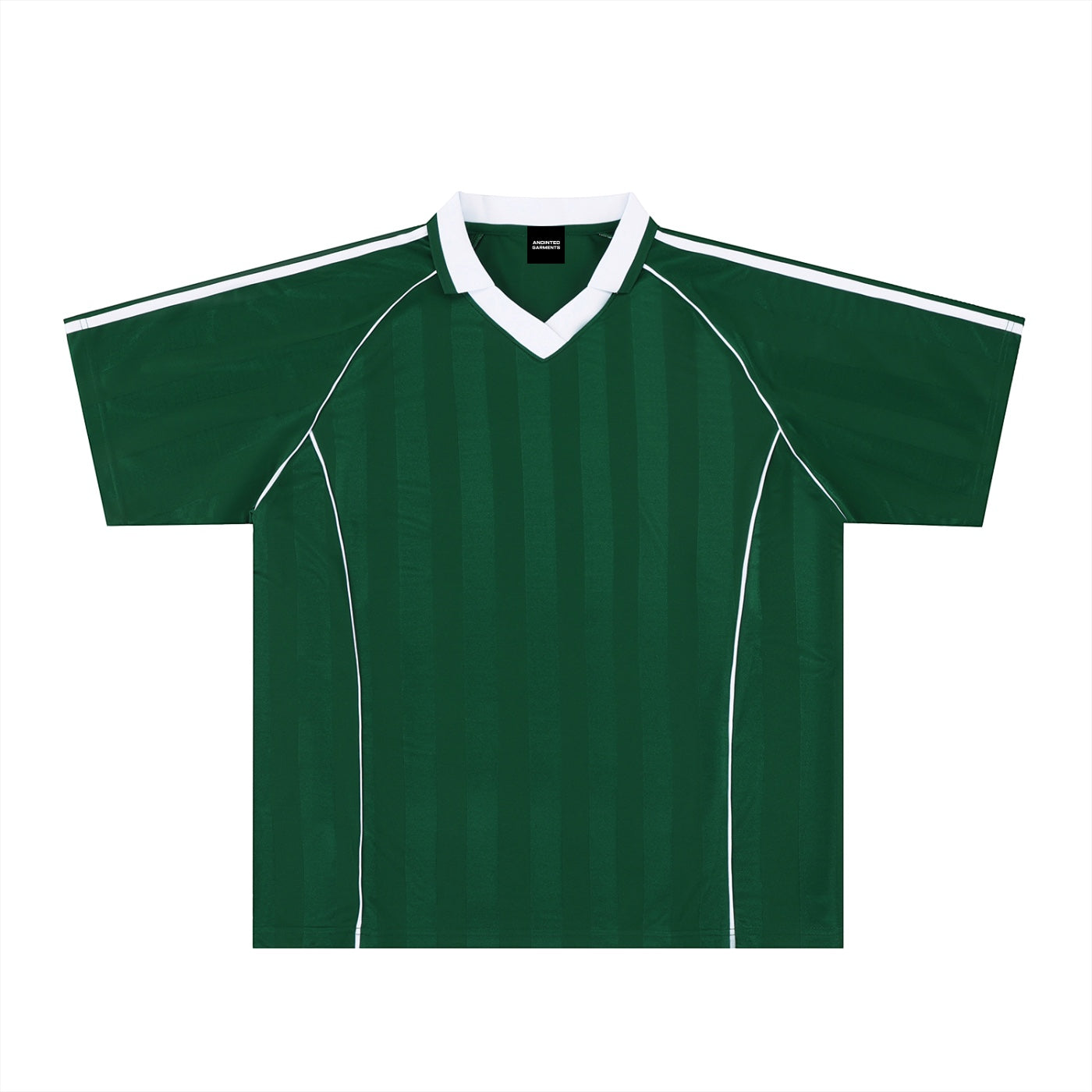 Anointed Garments green polyester soccer jersey with white collar, raglan sleeves, and subtle vertical shadow stripes.