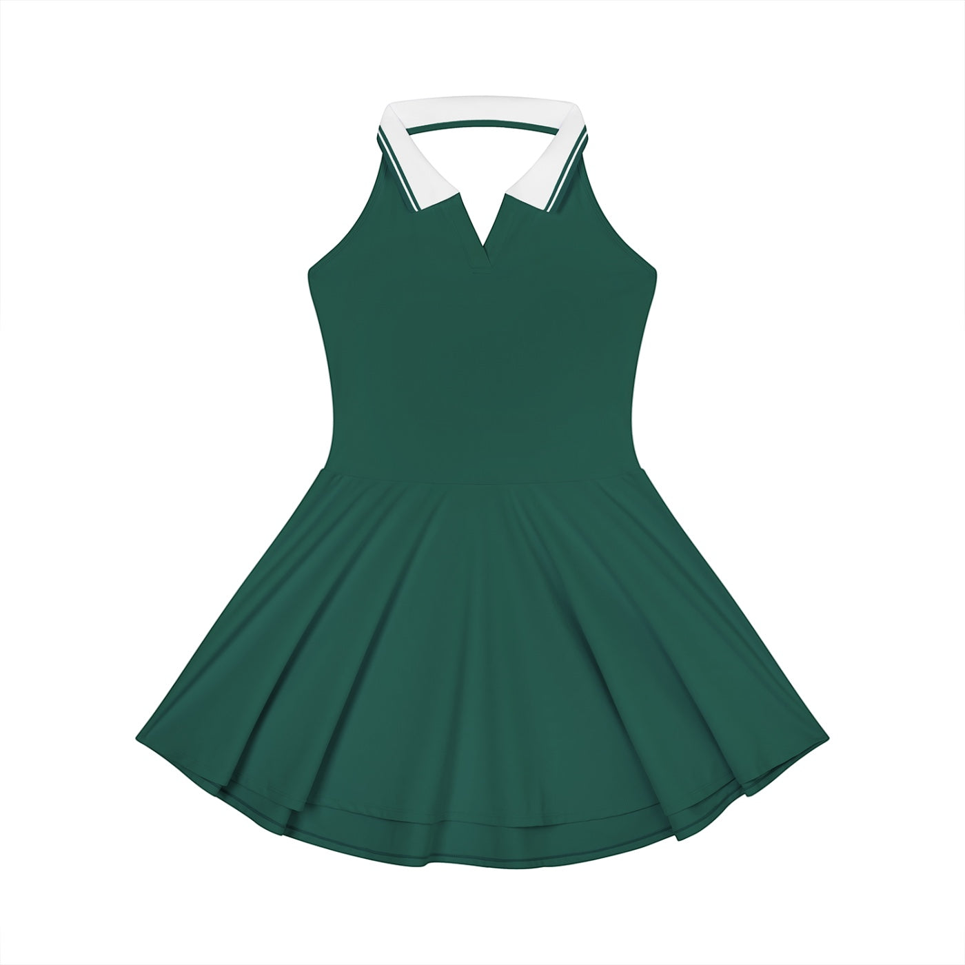 Anointed Garments sleeveless athletic tennis dress in dark green with a white collared neckline and flared skirt.