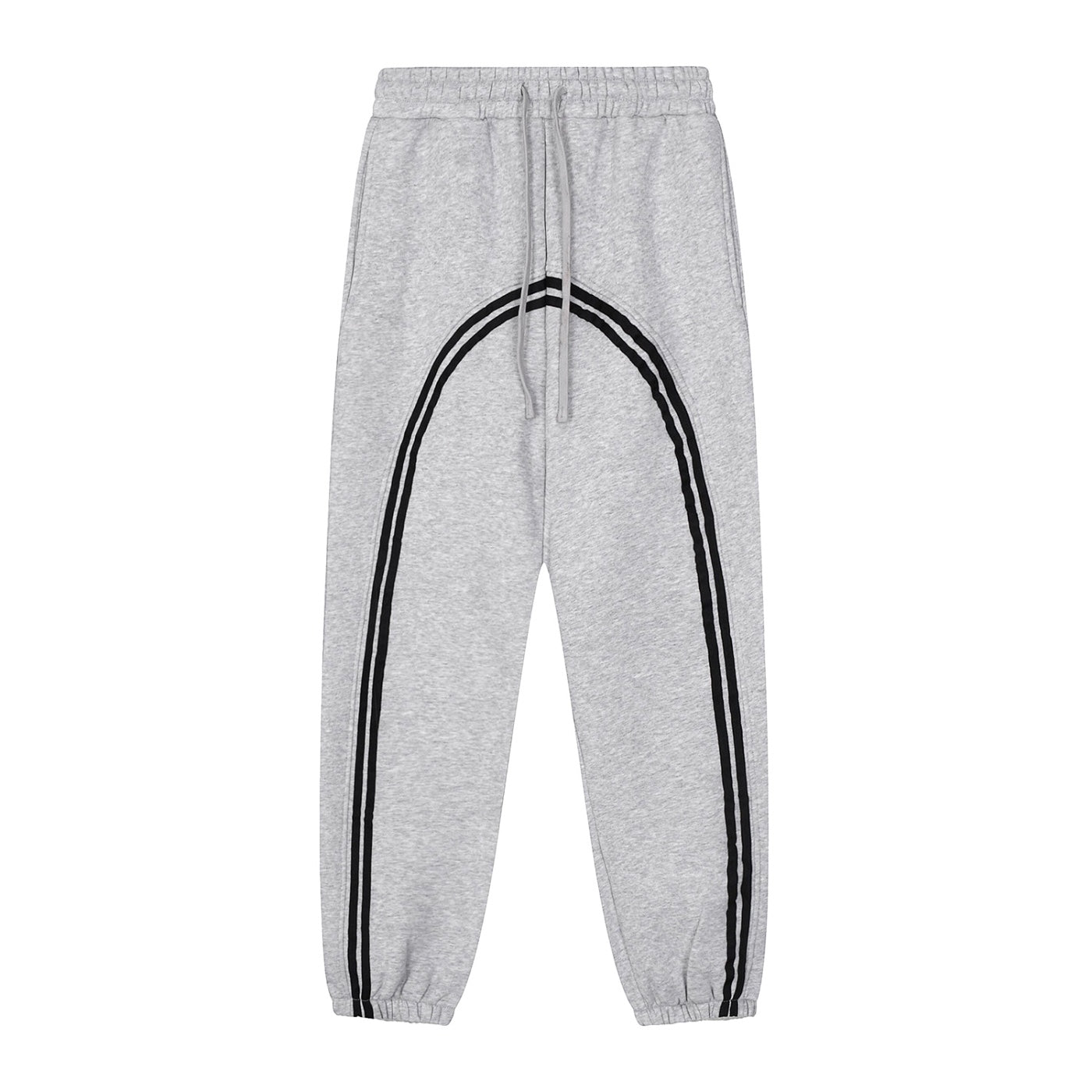 Anointed Garments grey heavyweight fleece sweatpants with a bold black arch panel detail and drawstring waistband.