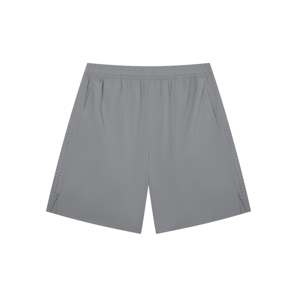 Anointed Garments grey lightweight athletic nylon shorts with an elastic waistband, slash pockets, and side vents.