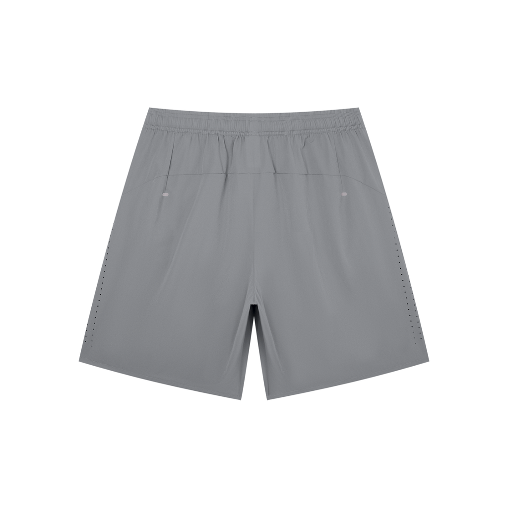 Anointed Garments grey lightweight athletic nylon shorts with an elastic waistband and perforated side details.