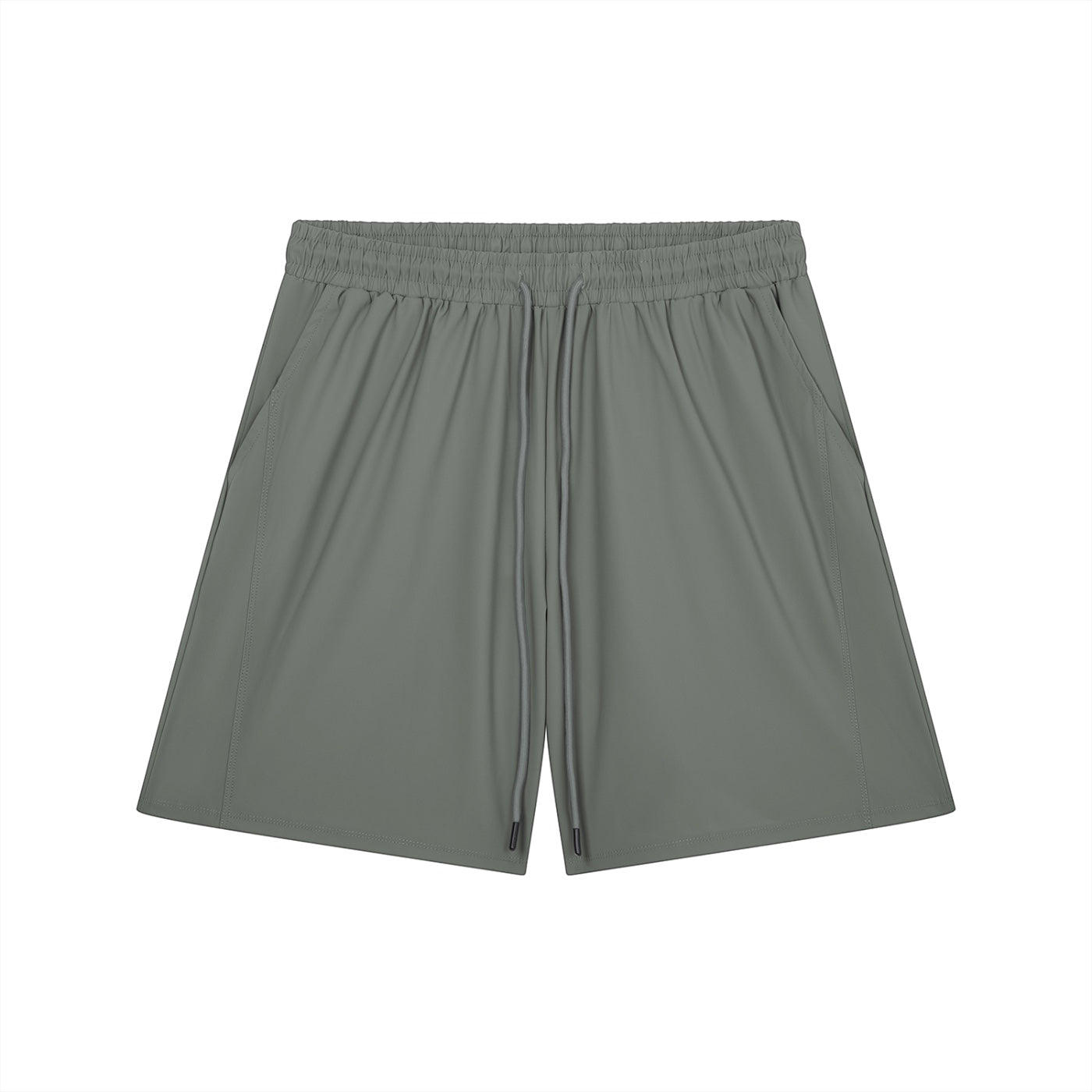 Anointed Garments grey athletic performance shorts with an elastic drawstring waistband and side pockets.