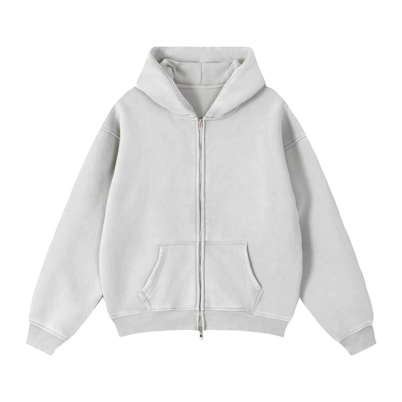 Anointed Garments unisex light grey zip-through boxy fleece hoodie with drop shoulders and front pockets.
