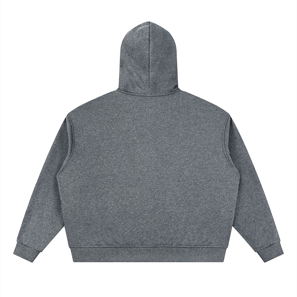 Back view of a dark grey Anointed Garments unisex boxy full-zip hoodie made from a thick cotton blend fabric.
