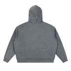 Back view of a dark grey Anointed Garments unisex boxy full-zip hoodie made from a thick cotton blend fabric.