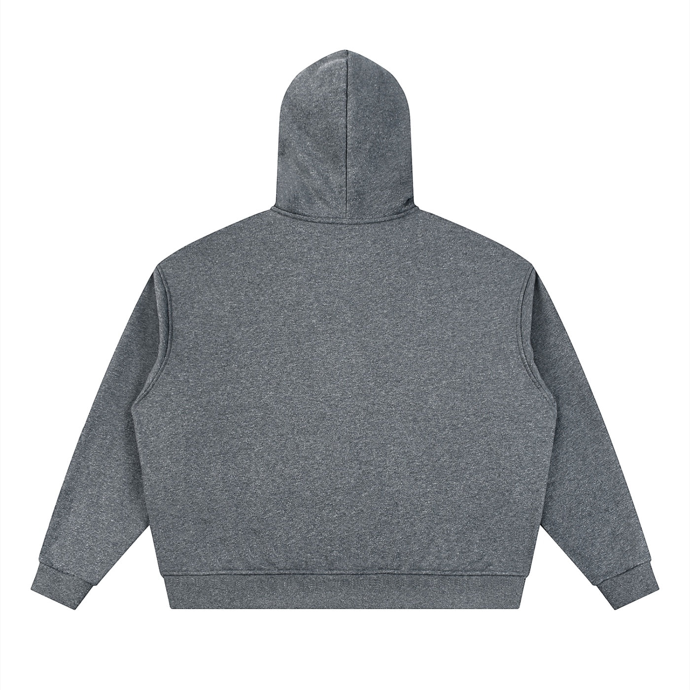 Back view of a dark grey Anointed Garments unisex boxy full-zip hoodie made from a thick cotton blend fabric.