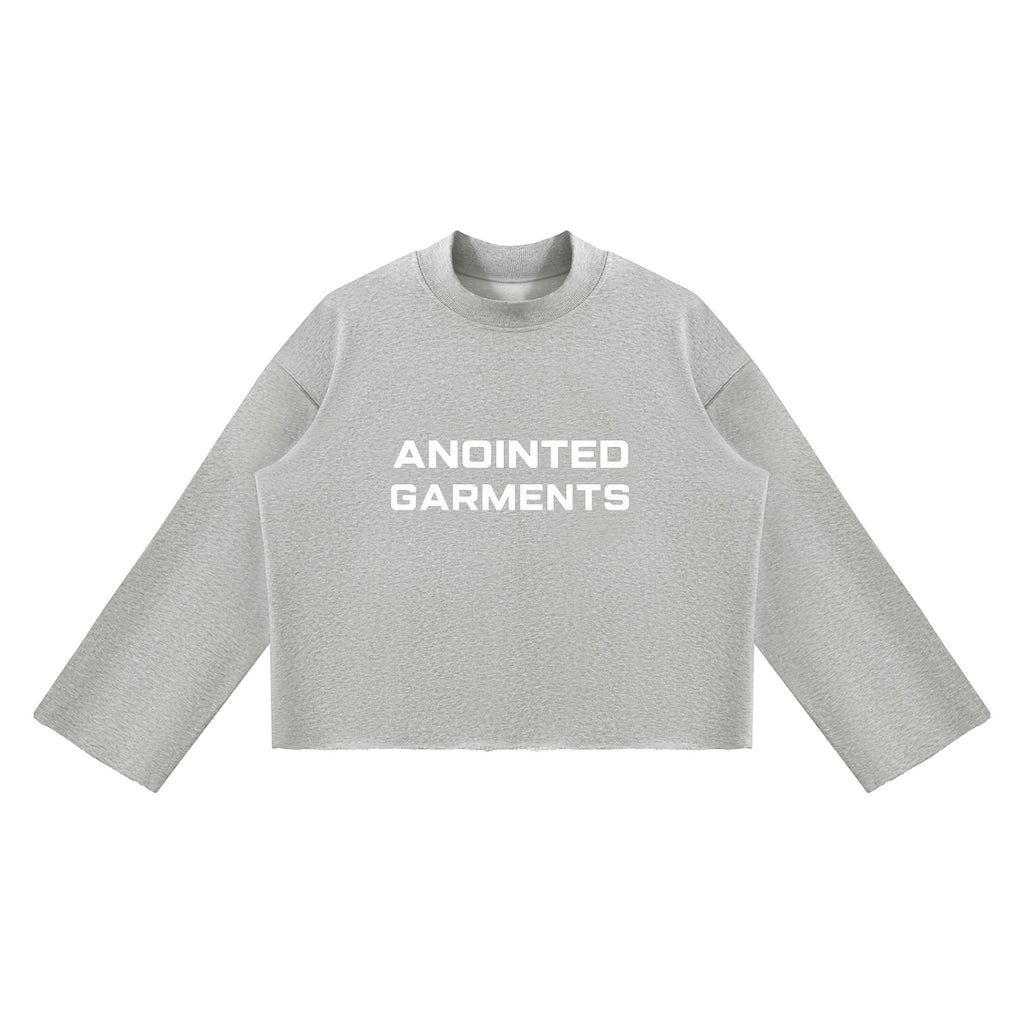 Anointed Garments grey unisex mock neck sweatshirt with a boxy fit, drop shoulders, and raw edge hem.