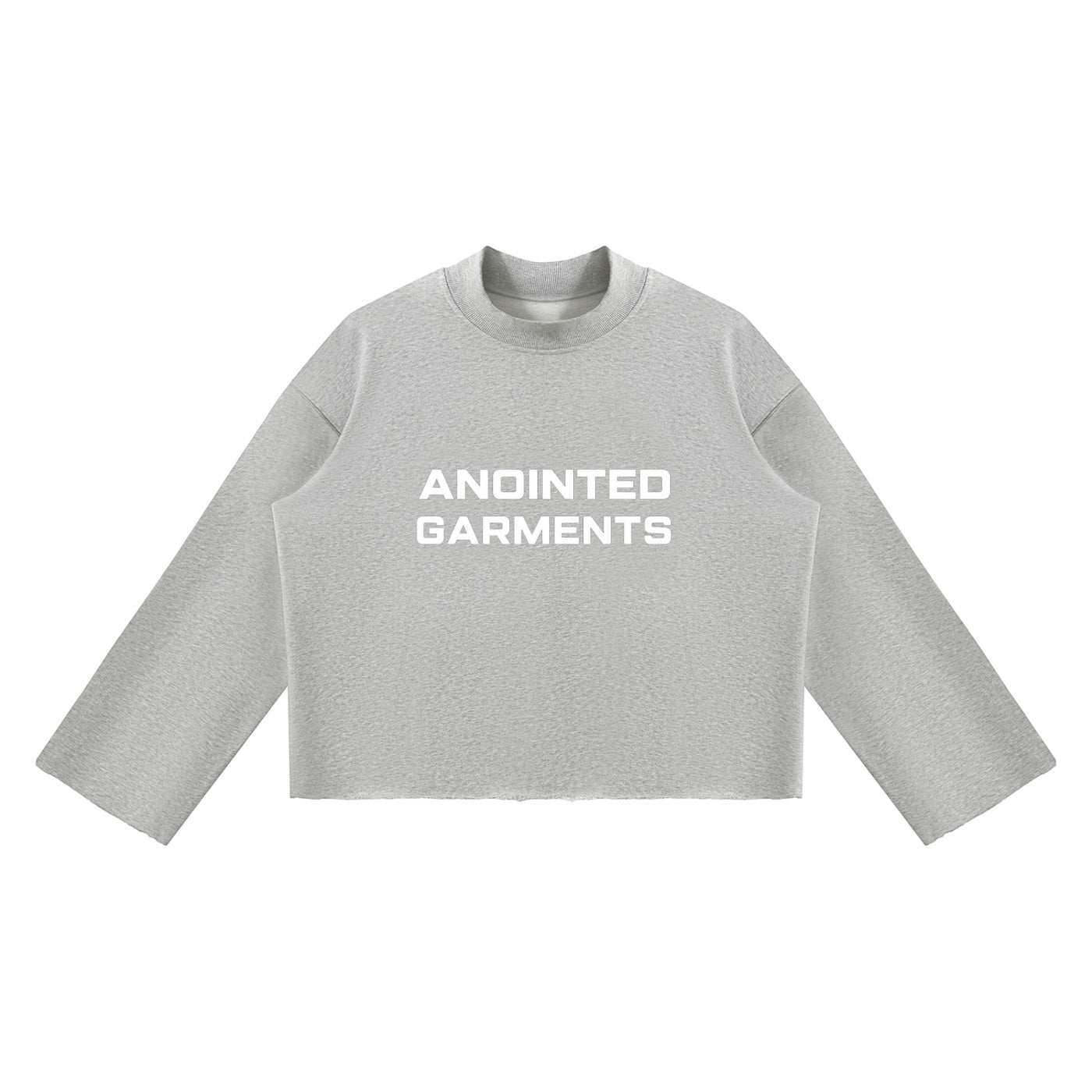 Anointed Garments grey unisex mock neck sweatshirt with a boxy fit, drop shoulders, and raw edge hem.