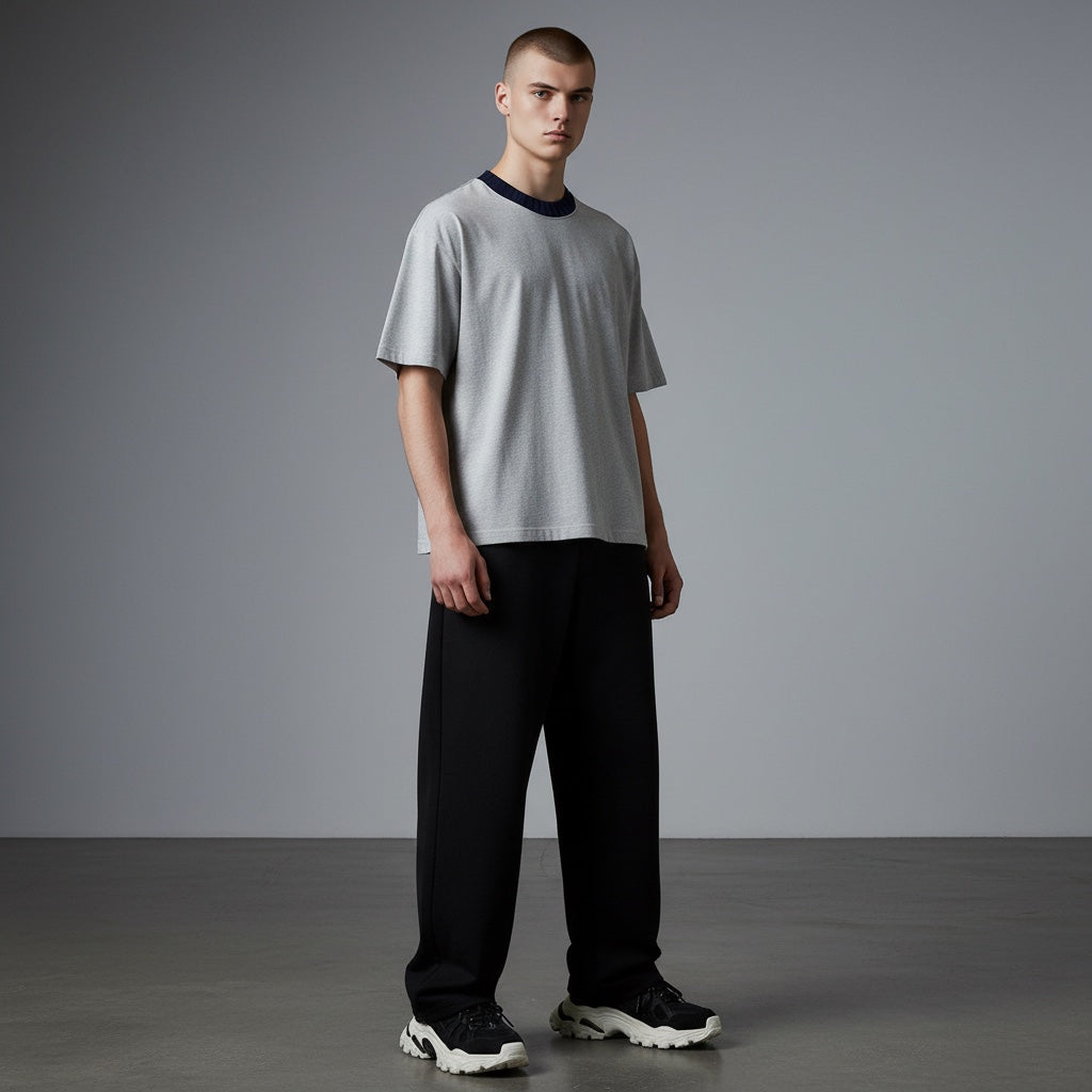 Model wearing an Anointed Garments grey boxy cotton t-shirt with a thick navy ribbed collar and black trousers