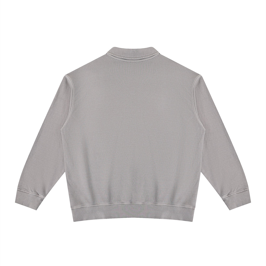 Back view of Anointed Garments grey washed cotton long sleeve collared pullover sweatshirt with ribbed hem and cuffs.