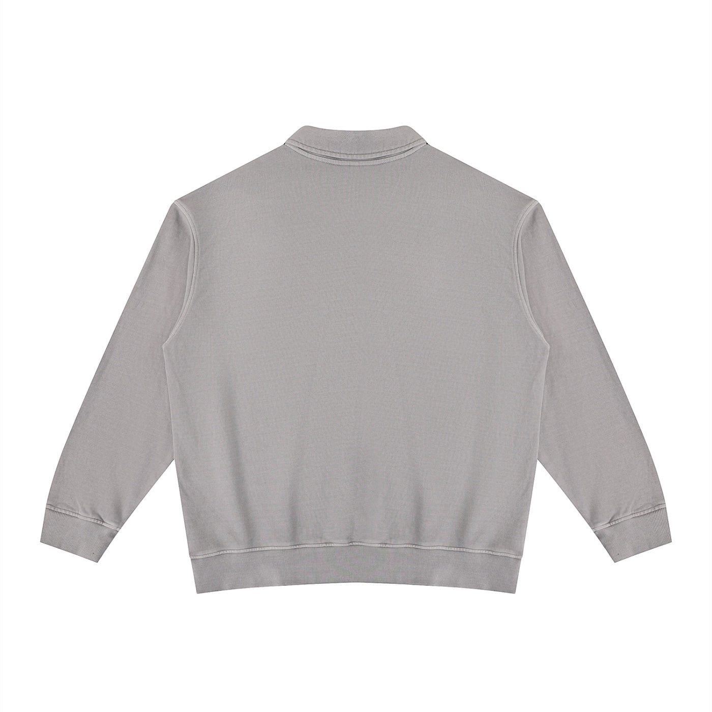 Back view of Anointed Garments grey washed cotton long sleeve collared pullover sweatshirt with ribbed hem and cuffs.