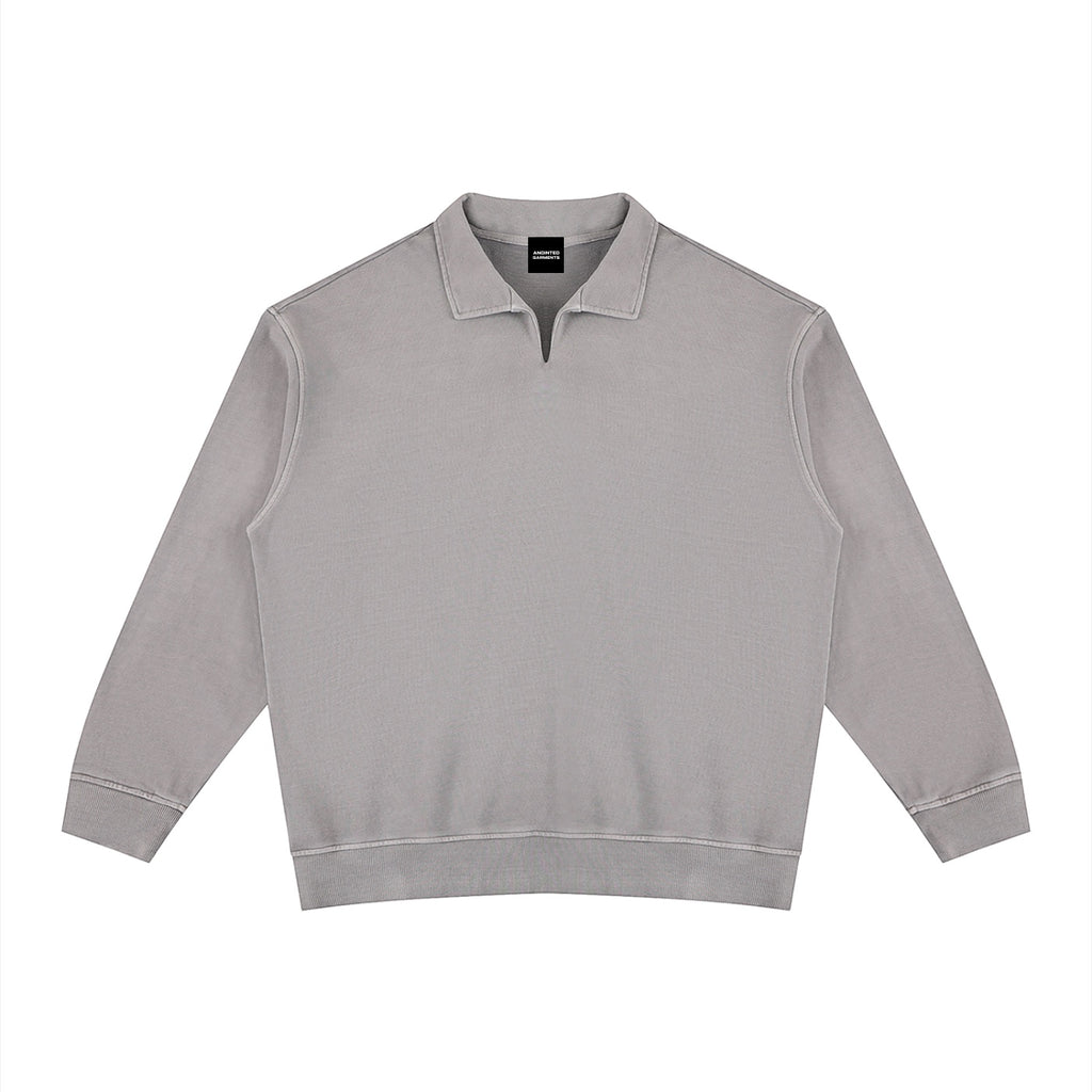 Anointed Garments grey long sleeve pullover sweatshirt with a collared neckline, ribbed cuffs, and a washed finish.
