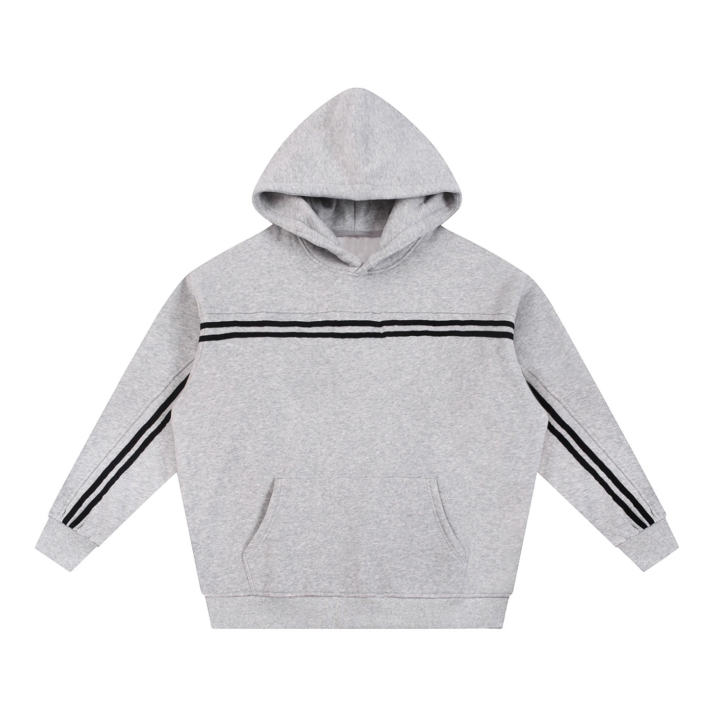 Anointed Garments grey fleece hoodie with black contrast tape stripes on the chest and sleeves, drop shoulder fit.