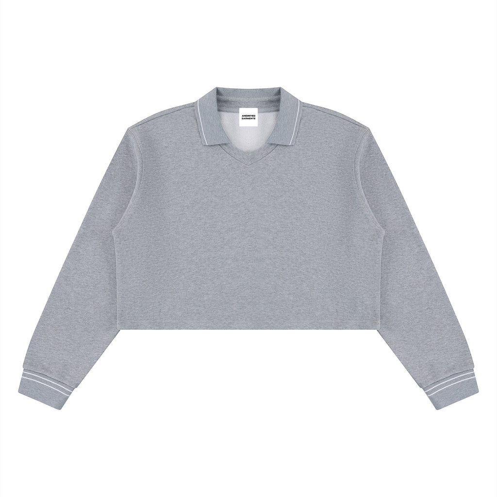 Anointed Garments grey cotton crop sweatshirt with a lapel collar, long sleeves, and striped cuffs.