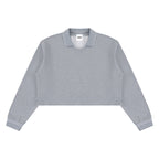 Anointed Garments grey cotton crop sweatshirt with a lapel collar, long sleeves, and striped cuffs.