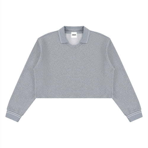 Anointed Garments grey cotton crop sweatshirt with a lapel collar, long sleeves, and striped cuffs.