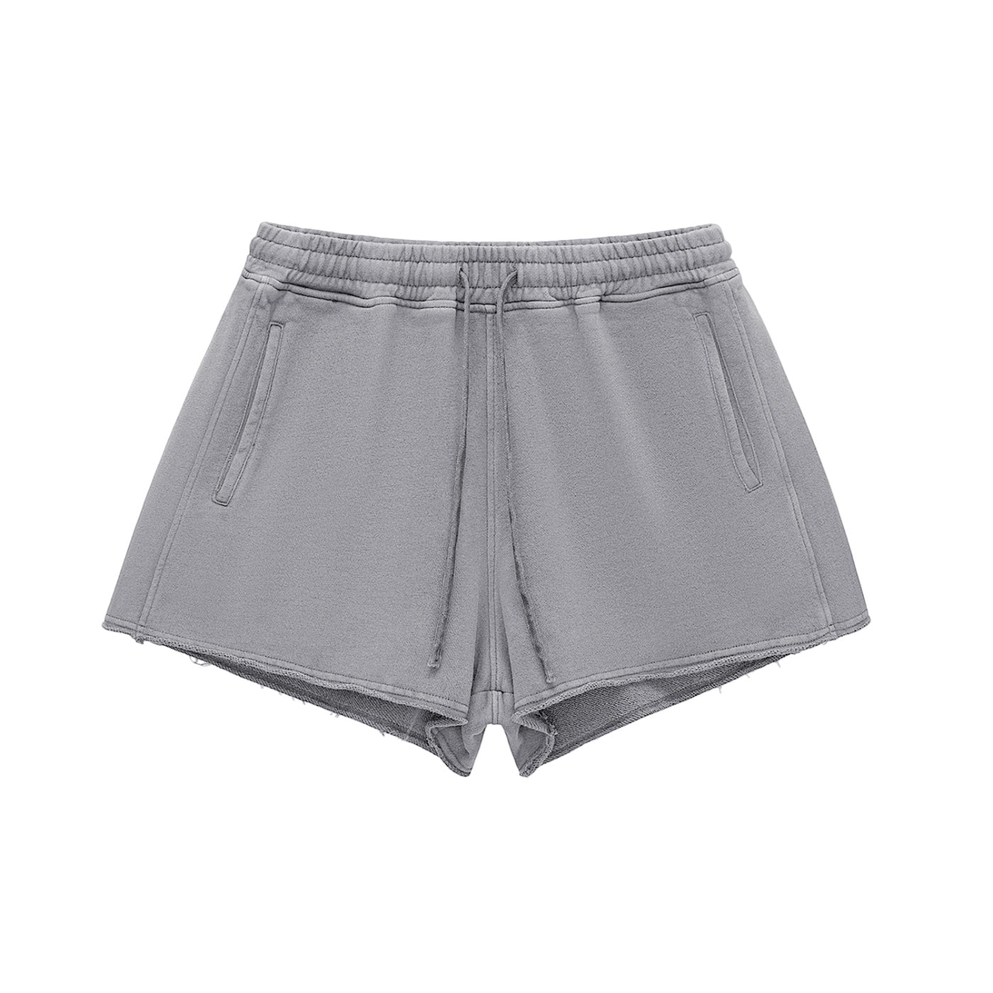 Anointed Garments grey cotton drawstring shorts with a high waist, raw frayed edges, and side pockets.