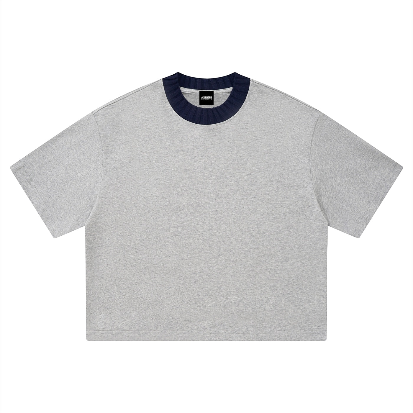Anointed Garments unisex heavyweight grey cotton t-shirt with a contrasting navy blue ribbed crew neck.