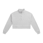 Anointed Garments grey crop quarter-zip sweatshirt with a stand collar, drop shoulders, and ribbed hem.
