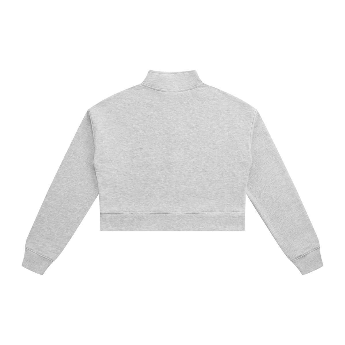 Anointed Garments grey crop quarter-zip sweatshirt with drop shoulders and ribbed hem, back view.