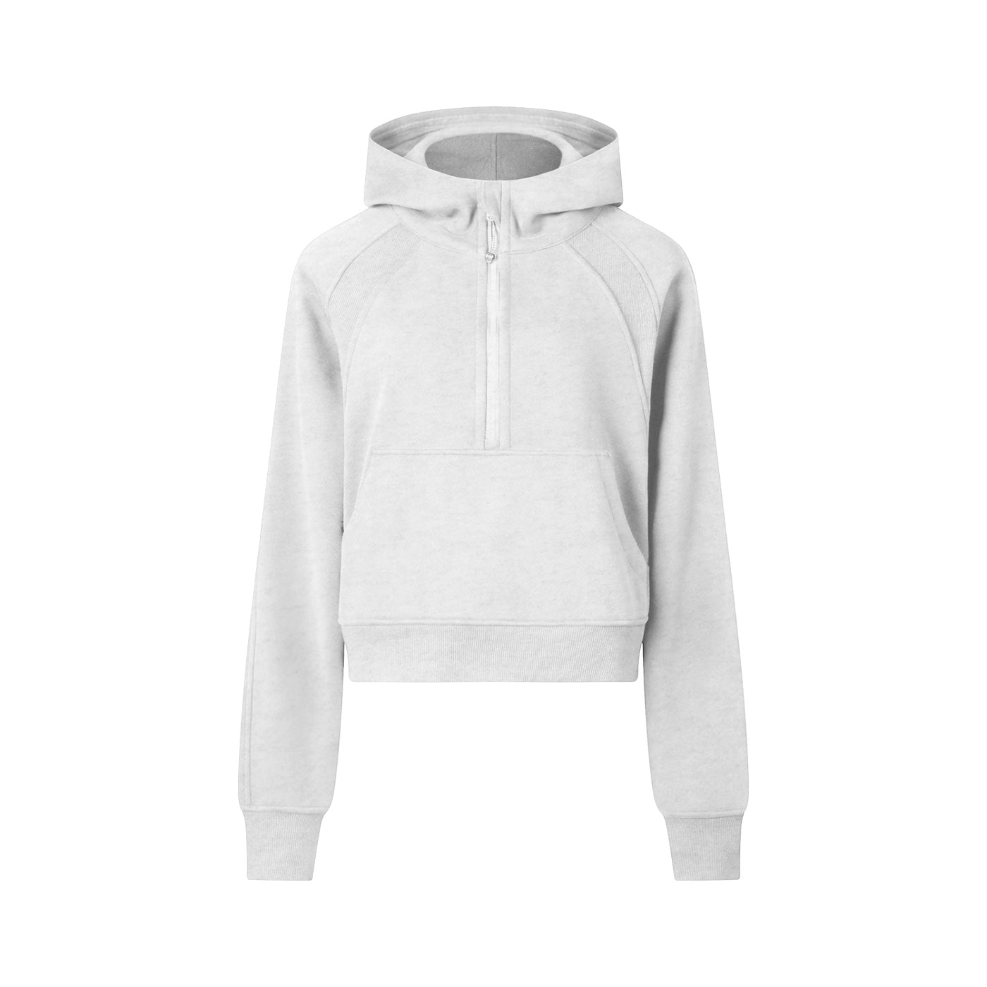 Anointed Garments light grey cropped half-zip pullover hoodie with a kangaroo pocket and raglan sleeves.