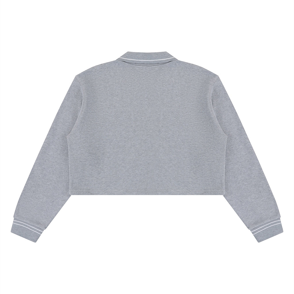 Back view of Anointed Garments grey cropped polo sweatshirt in 100% cotton with striped cuffs and a lapel collar.