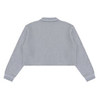 Back view of Anointed Garments grey cropped polo sweatshirt in 100% cotton with striped cuffs and a lapel collar.