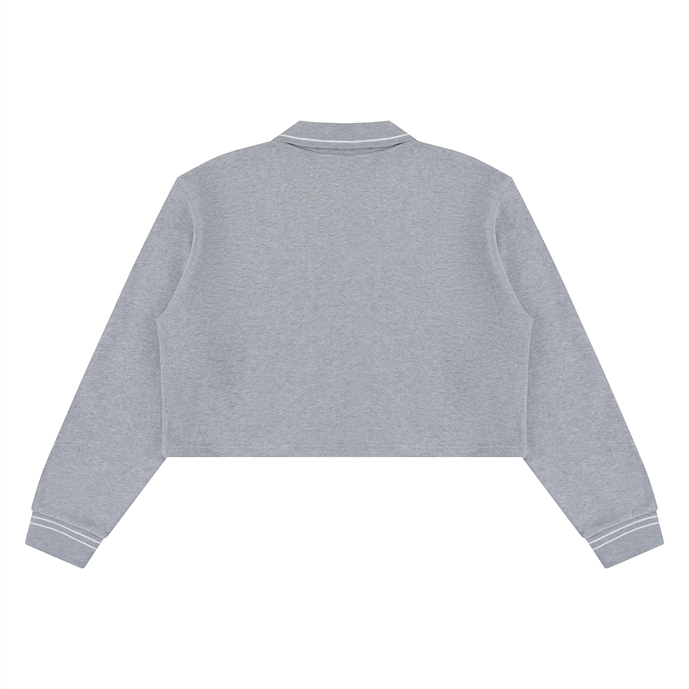Back view of Anointed Garments grey cropped polo sweatshirt in 100% cotton with striped cuffs and a lapel collar.