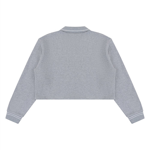 Back view of Anointed Garments grey cropped polo sweatshirt in 100% cotton with striped cuffs and a lapel collar.
