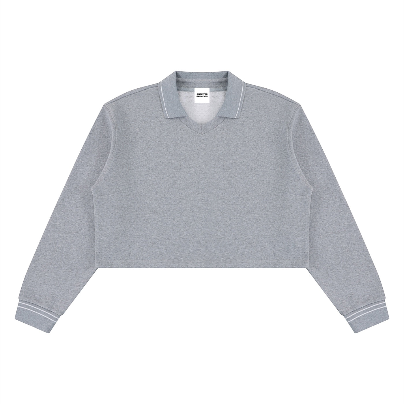 Anointed Garments grey cropped polo sweatshirt in 100% cotton with a lapel collar and striped cuff detailing.