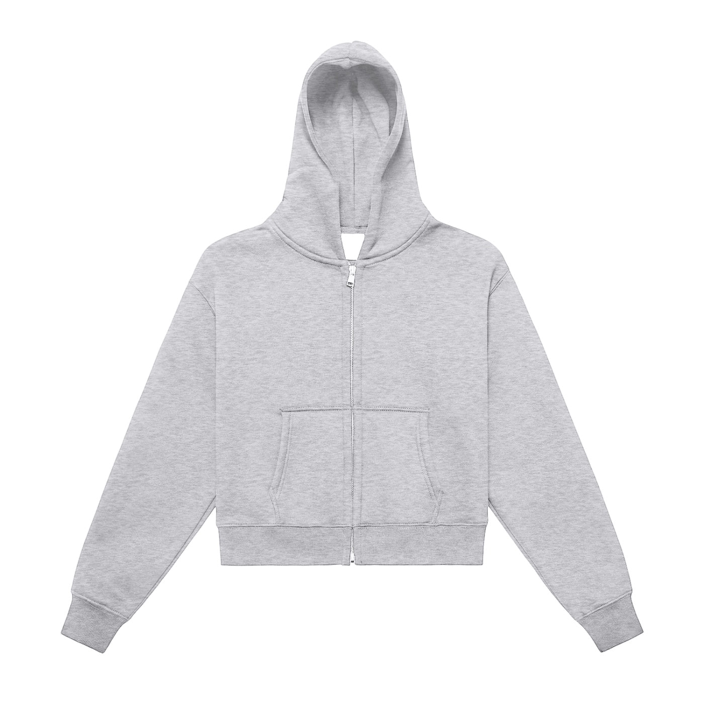 Anointed Garments heather grey cropped full zip up hoodie with a hood and front pockets in a minimalist style.