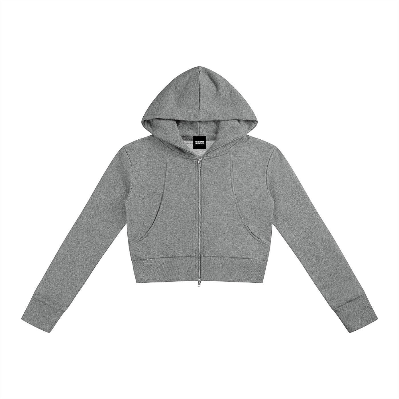 Anointed Garments grey cropped full-zip hoodie in soft cotton blend with a structured hood and ribbed cuffs.