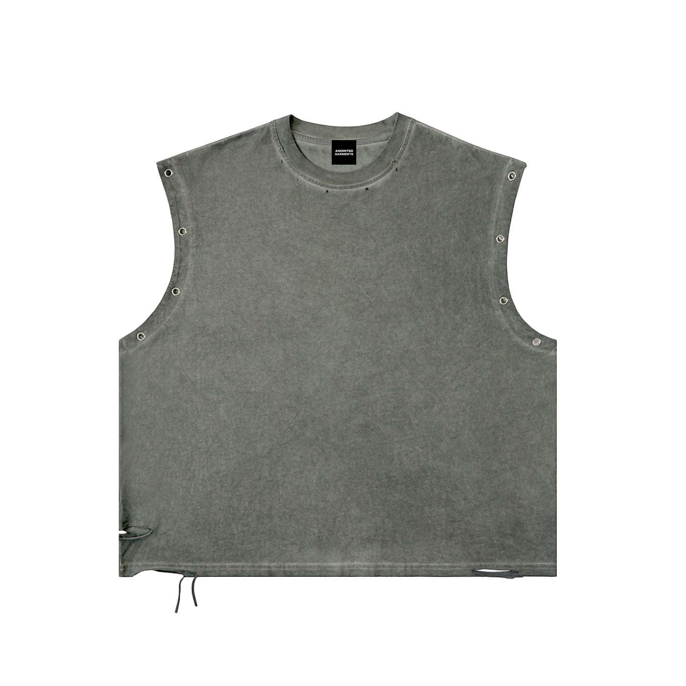 Anointed Garments grey distressed cotton tank top with metal grommet eyelet details and a loose, vintage fit.