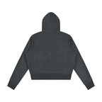 Anointed Garments women's charcoal grey fleece full-zip hoodie with a hood, ribbed cuffs, and a cropped fit.