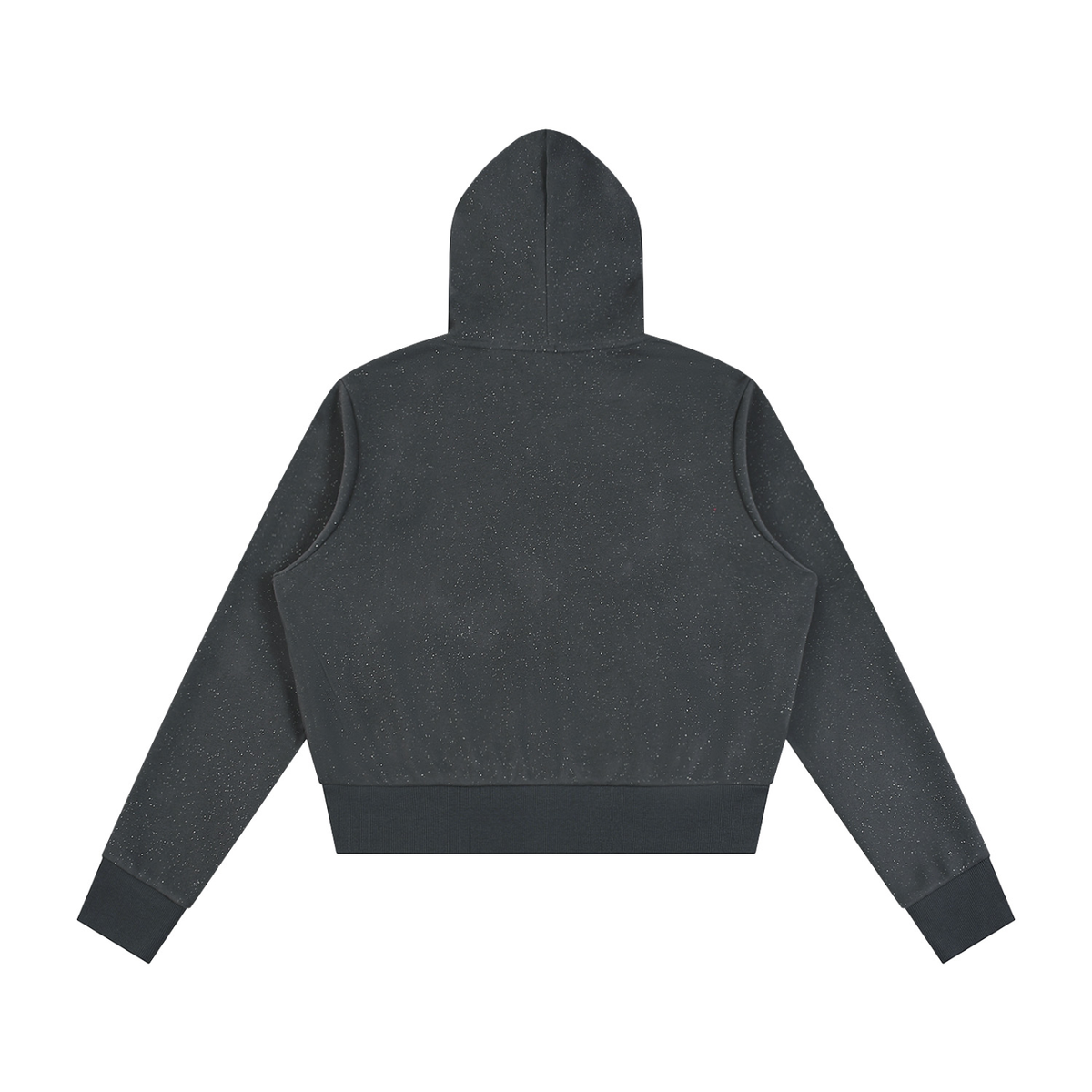 Anointed Garments women's charcoal grey fleece full-zip hoodie with a hood, ribbed cuffs, and a cropped fit.