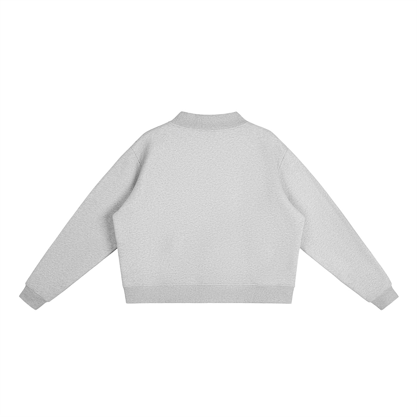 Back view of an Anointed Garments grey oversized fleece mock-neck sweatshirt with drop shoulders and ribbed cuffs.