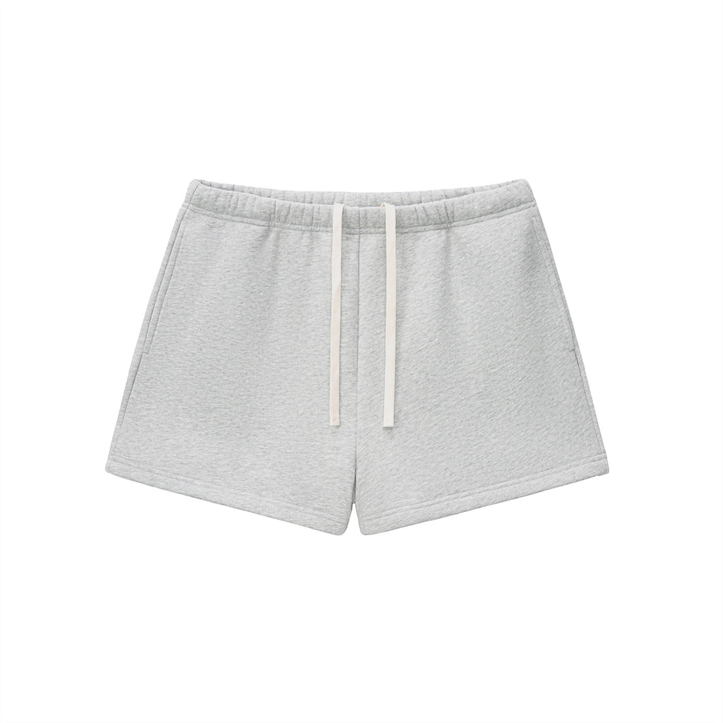 Anointed Garments women's grey fleece drawstring sweatshorts with a loose, casual fit.