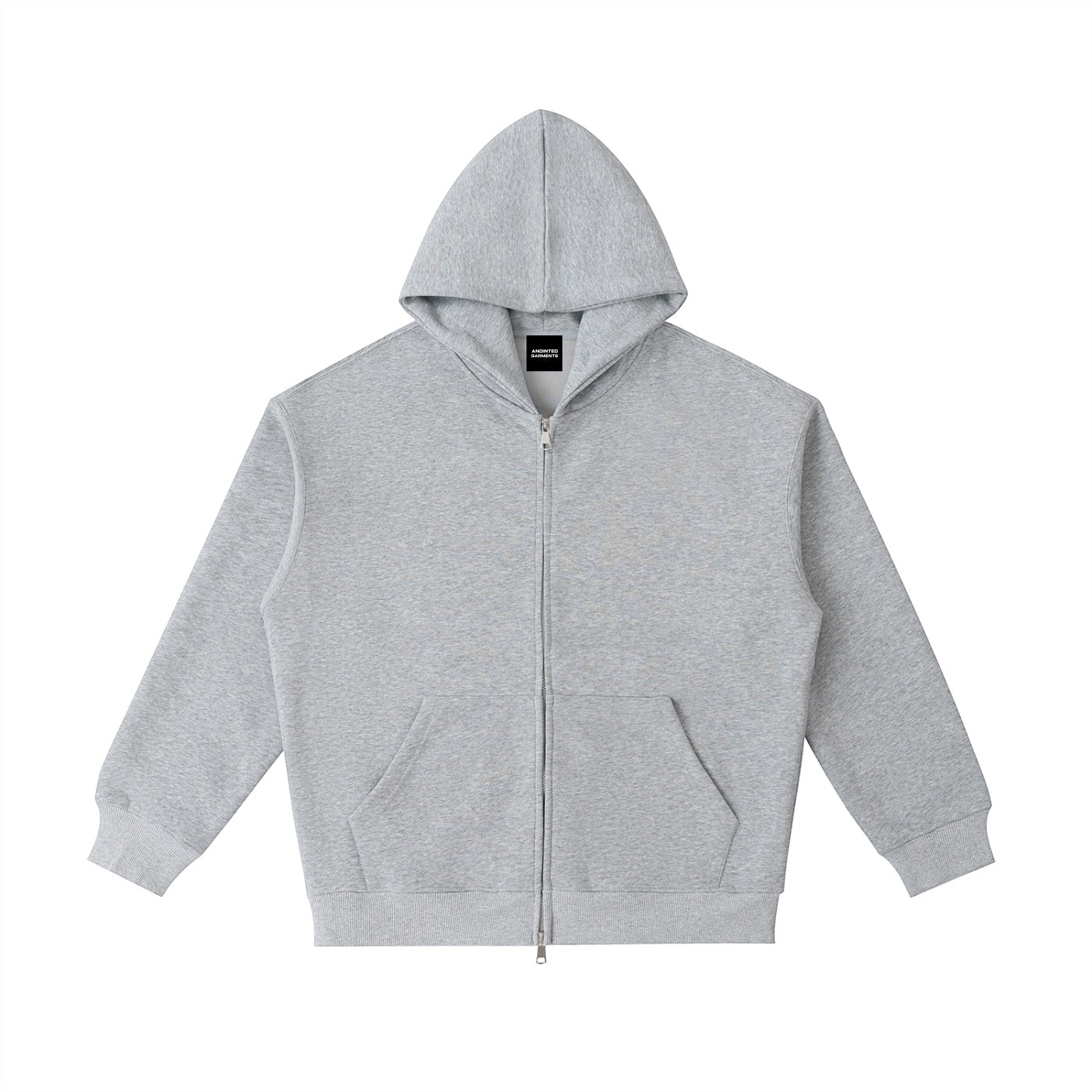 Anointed Garments grey heavyweight cotton-blend zip-up hoodie with drop shoulders and front pockets.