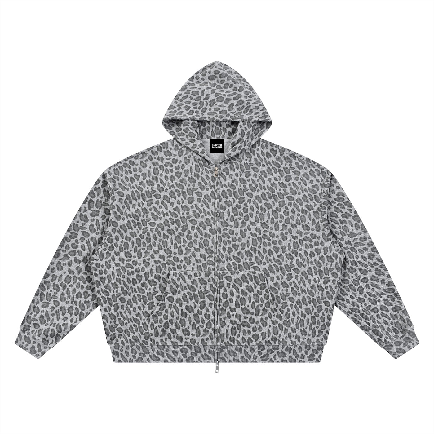 Anointed Garments unisex grey leopard print waffle knit full zip hoodie with a drop shoulder and oversized fit.