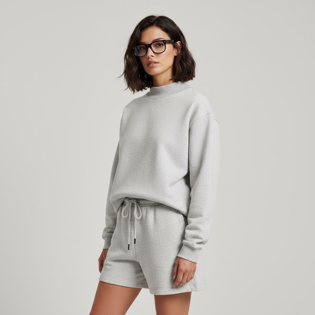 Model wearing an Anointed Garments grey mock neck pullover sweatshirt and matching shorts with a casual fit.