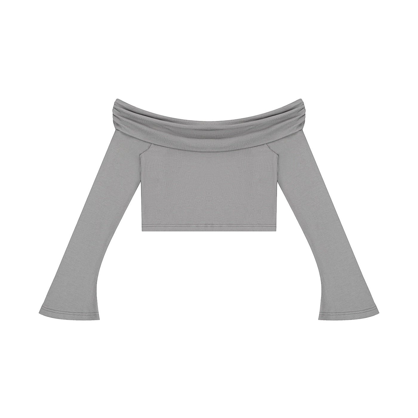 Anointed Garments grey off-the-shoulder long sleeve crop top with flared cuffs and ruched neckline in soft rayon blend