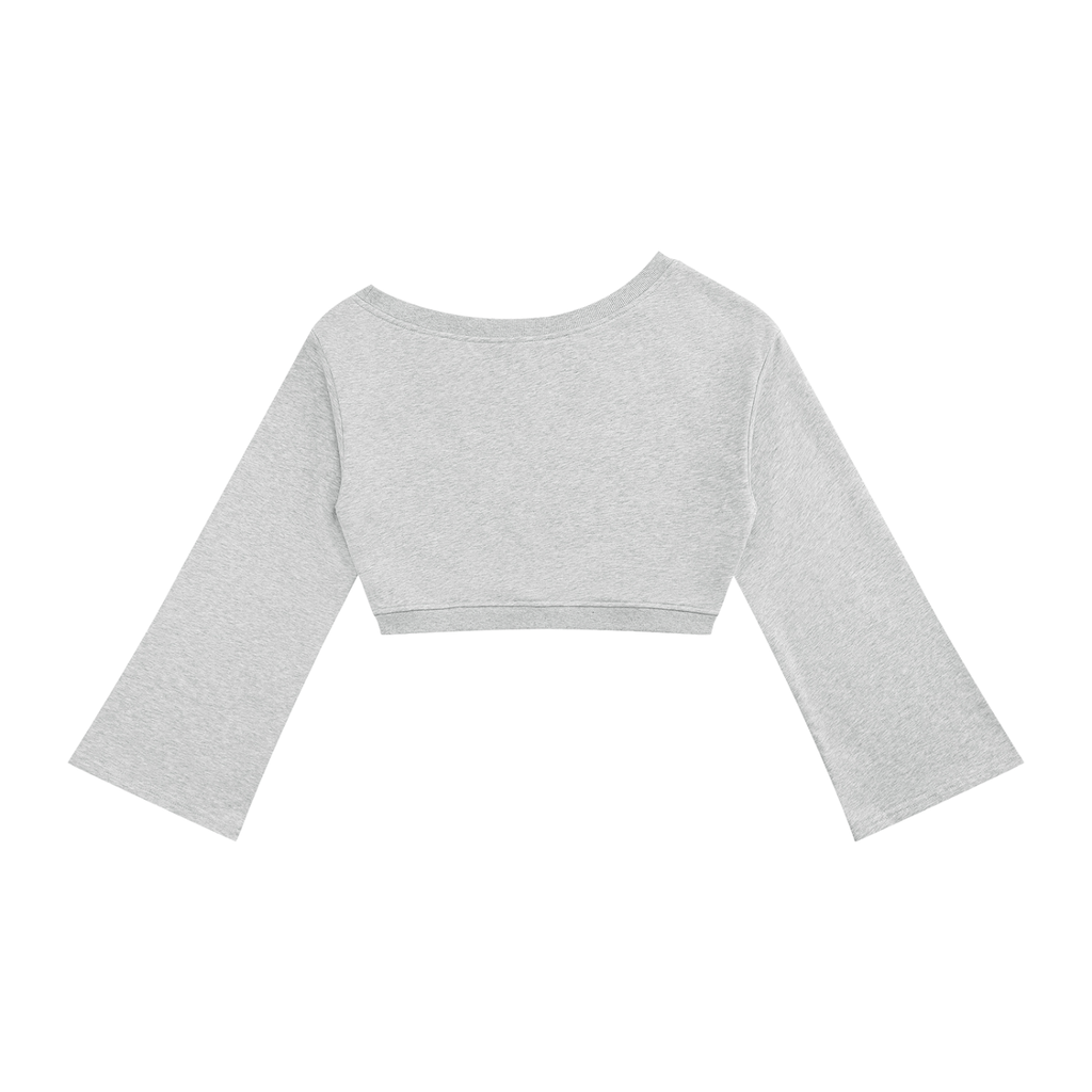 Anointed Garments grey off-shoulder cropped sweatshirt with long bell sleeves and ribbed trim in a cotton blend knit.