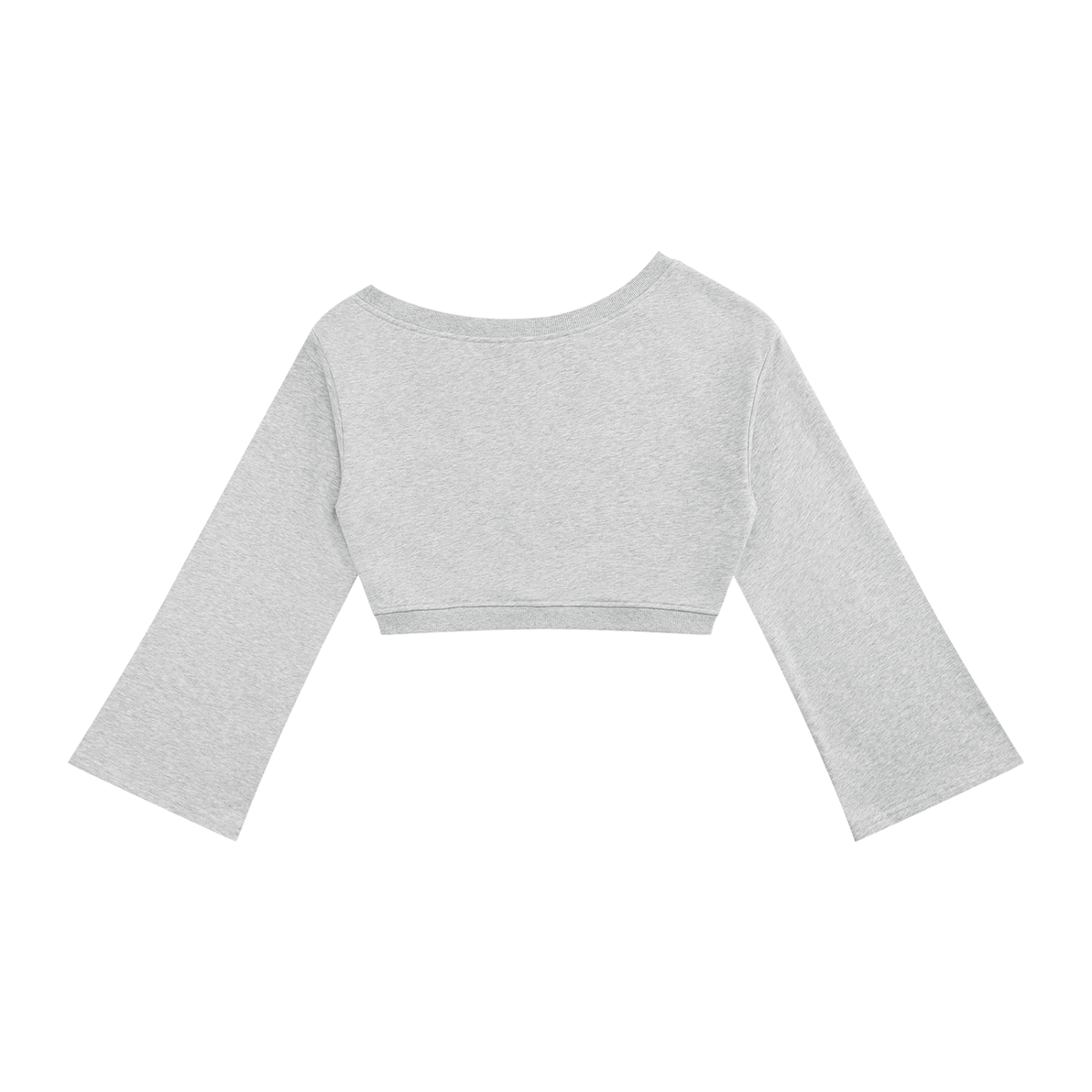 Anointed Garments grey off-shoulder cropped sweatshirt with long bell sleeves and ribbed trim in a cotton blend knit.