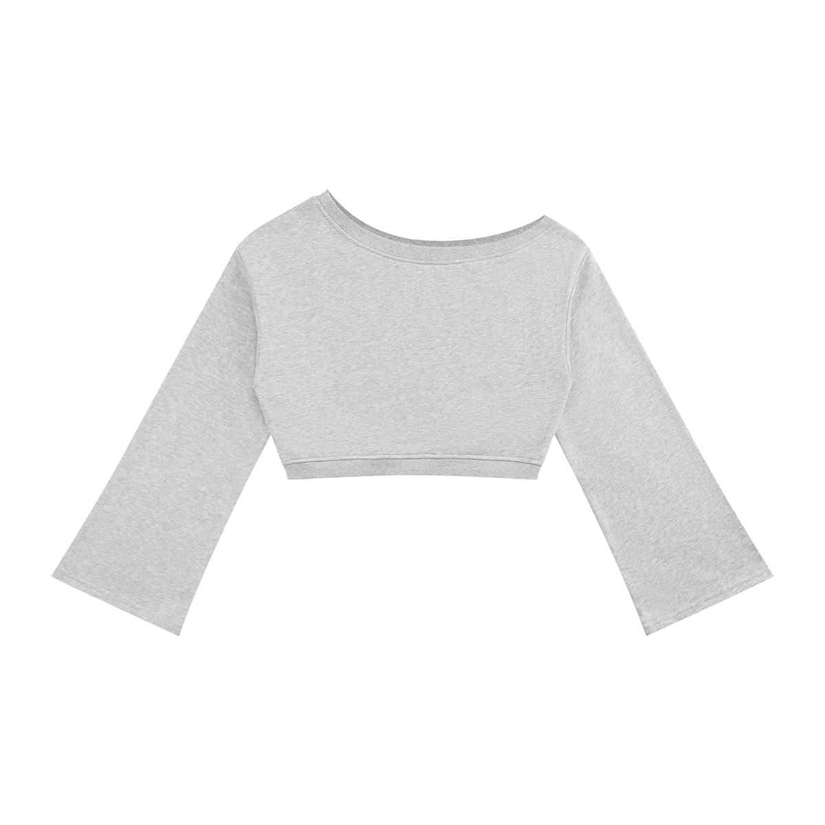 Anointed Garments grey off-shoulder cropped sweatshirt with long bell sleeves and ribbed hem in cotton blend knit.